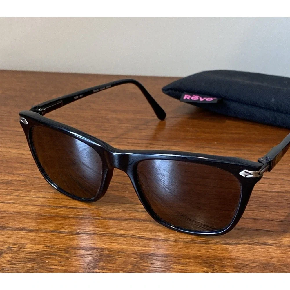 Vtg Original 1980s REVO 1204 Monterey Sunglasses Black Frame Grey Glass NASA LMS